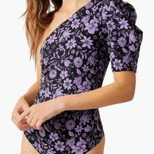 Free People Black Purple Floral One Shoulder Somethin' Bout You Bodysuit Size S